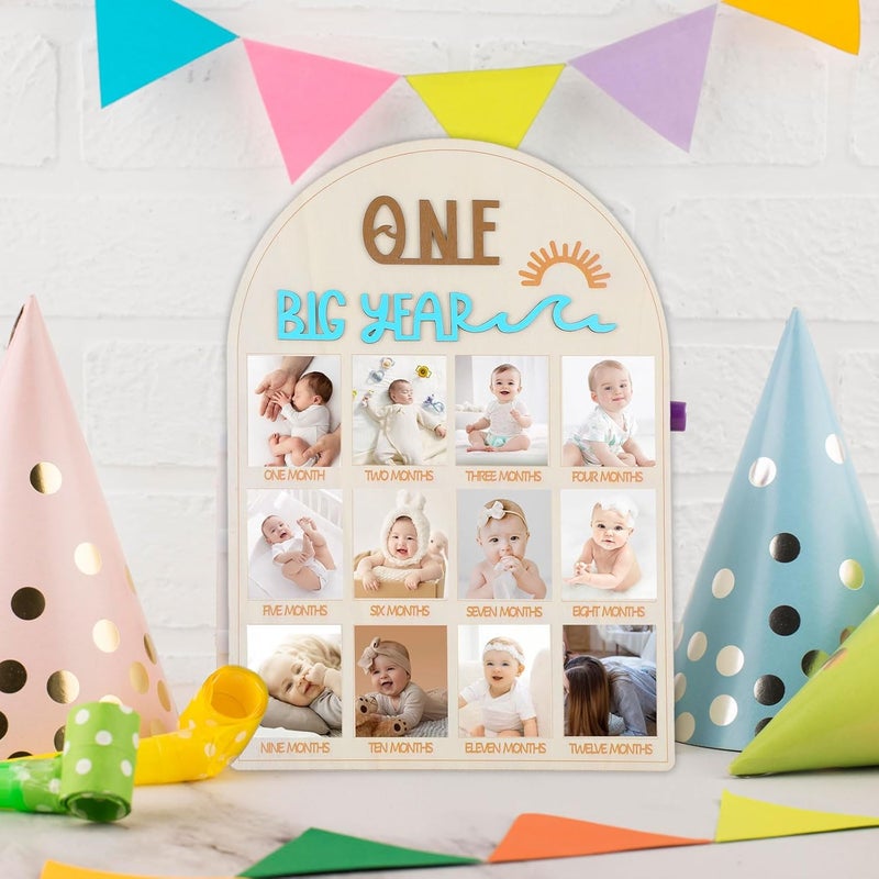 Yuuchoringee My First Year Photo Board Frame Milestones, One Year Birthday Wooden Photo Board, 12 Monthly Picture Frame Baby Wood Acrylic Sign 1st First Birthday Decorations for Girl Baby Keepsake Gifts(SyleA) - Image 2